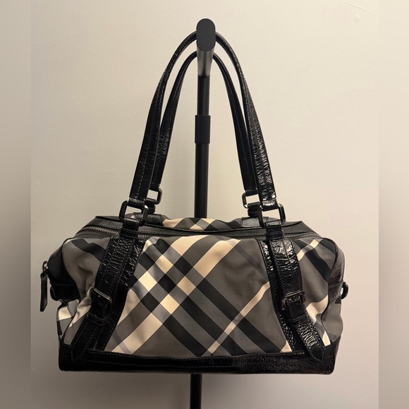 Burberry Handbags - Burberry Black Beat Check Nylon and Patent Leather Buckle Satchel